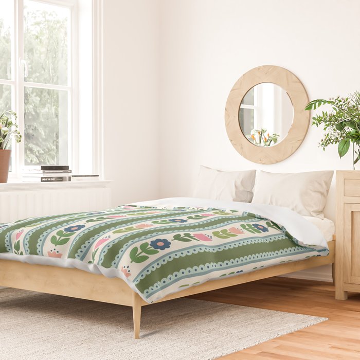 Scandi-Floral Stripes Green Pink Blue Duvet Cover Gallery Image 2
