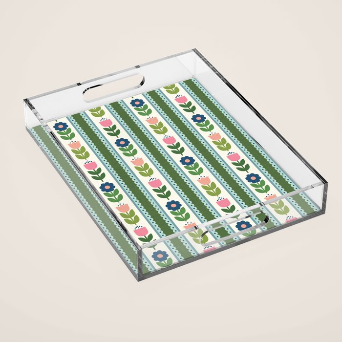 Scandi-Floral Stripes Green Pink Blue Acrylic Tray Gallery Image 1