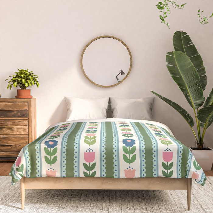 Scandi-Floral Stripes Green Pink Blue Comforter Gallery Image 3