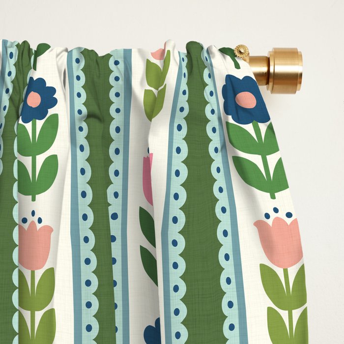 Scandi-Floral Stripes Green Pink Blue Window Curtain Gallery Image 2