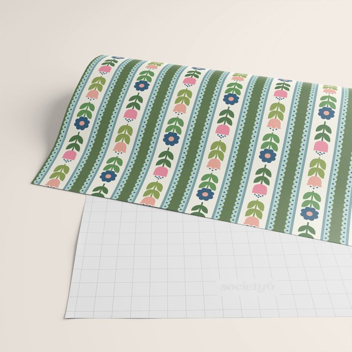 Scandi-Floral Stripes Green Pink Blue Wrapping Paper Gallery Image 2