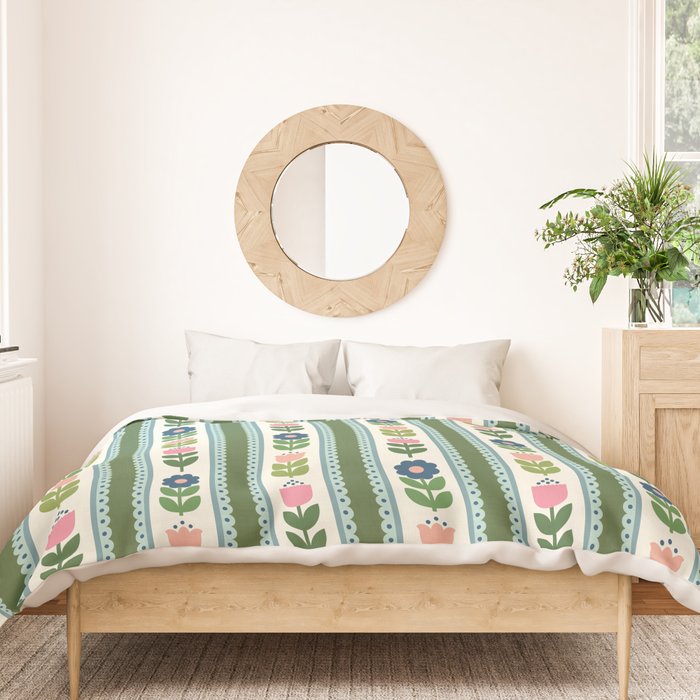 Scandi-Floral Stripes Green Pink Blue Duvet Cover Gallery Image 3