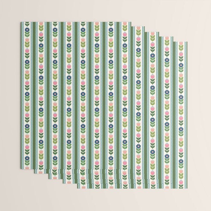 Scandi-Floral Stripes Green Pink Blue Wrapping Paper Gallery Image 3