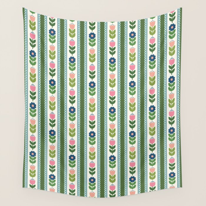 Scandi-Floral Stripes Green Pink Blue Wall Tapestry Gallery Image 1