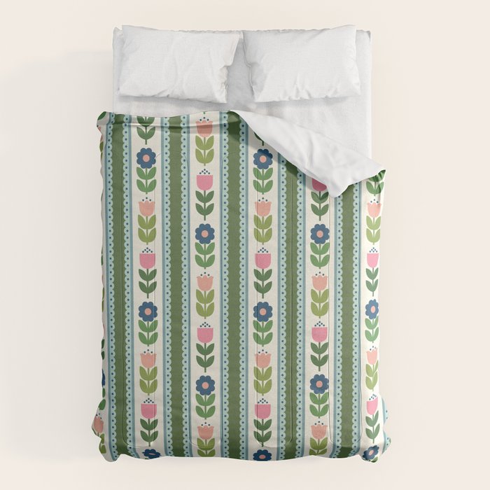Scandi-Floral Stripes Green Pink Blue Comforter Gallery Image 1