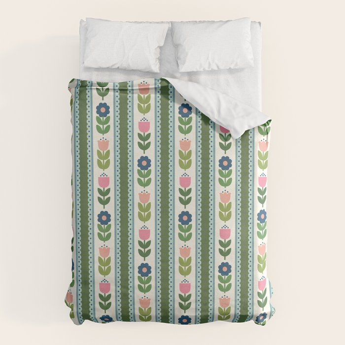 Scandi-Floral Stripes Green Pink Blue Duvet Cover Gallery Image 6