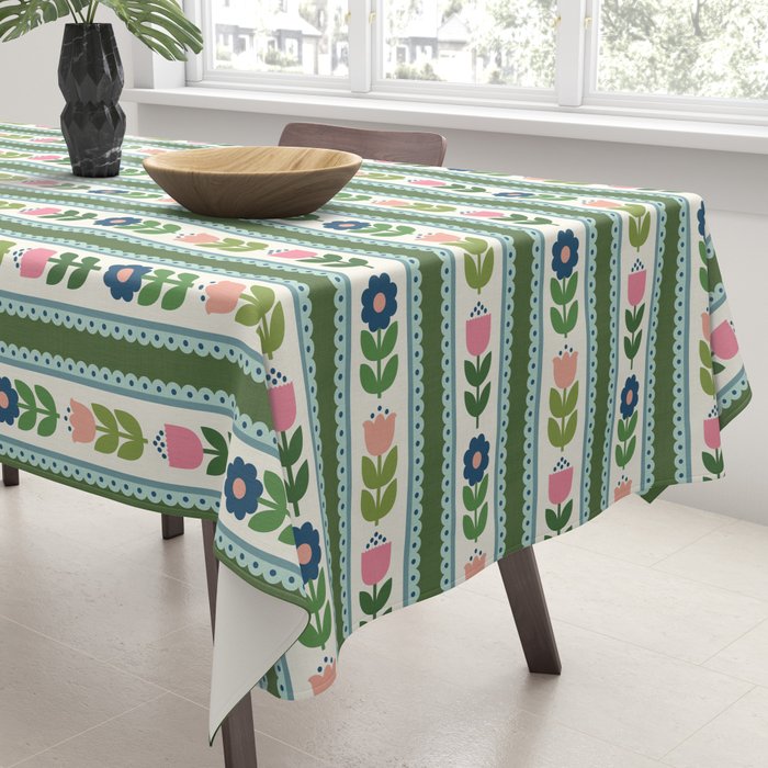 Scandi-Floral Stripes Green Pink Blue Tablecloth Gallery Image 3