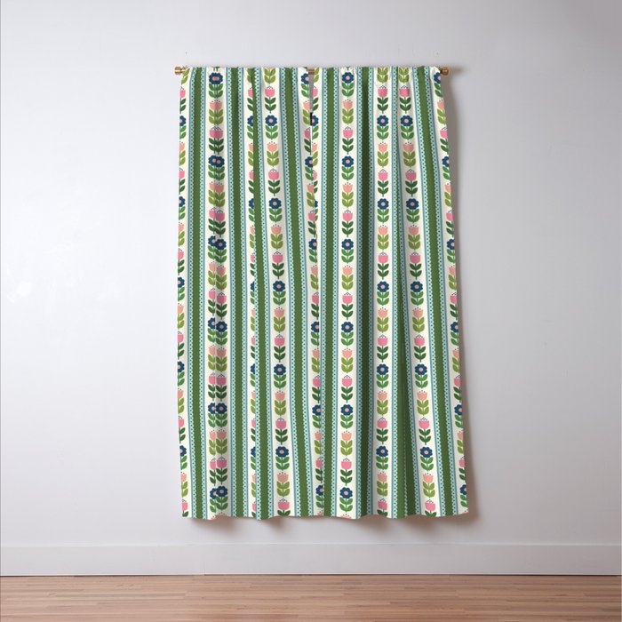 Scandi-Floral Stripes Green Pink Blue Window Curtain Gallery Image 3