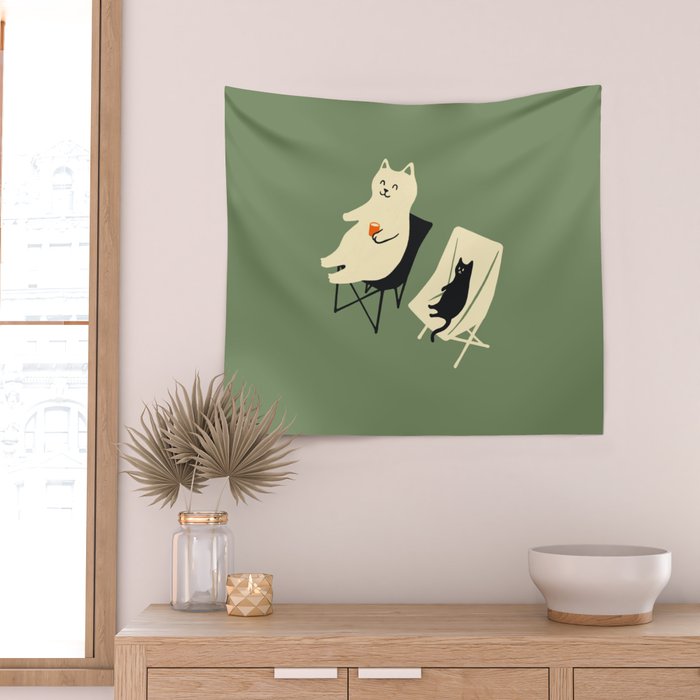 Happy go Lucky Cat 4r relax enjoy coffee on chair Wall Tapestry Gallery Image 2