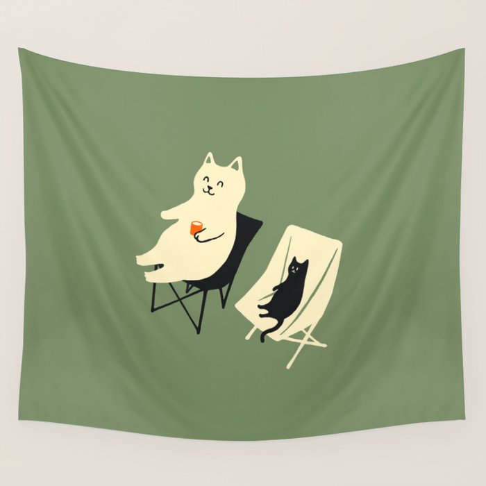 Happy go Lucky Cat 4r relax enjoy coffee on chair Wall Tapestry Gallery Image 1