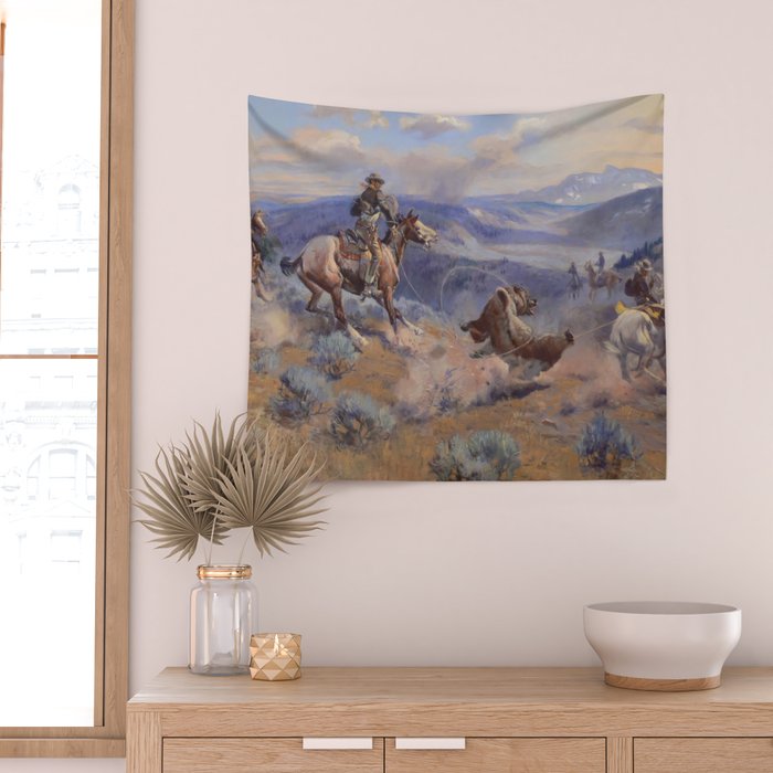 Charles Marion Russell - Loops And Swift Horses Wall Tapestry Gallery Image 2
