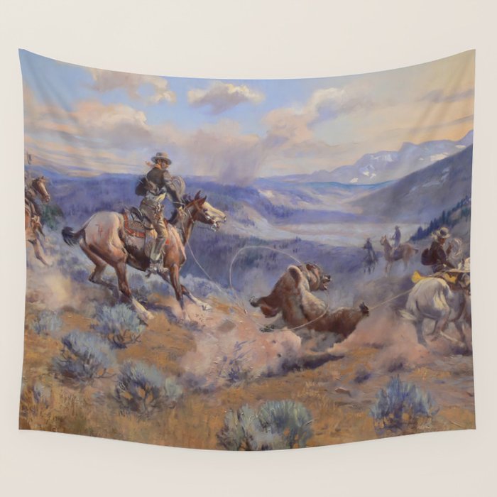 Charles Marion Russell - Loops And Swift Horses Wall Tapestry Gallery Image 4