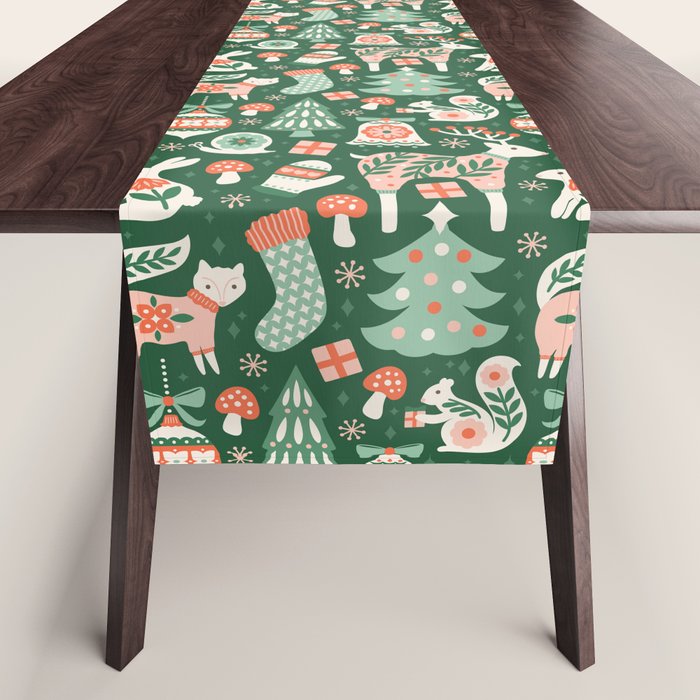 Festive Folk Art Forest Animals - Green and Red Table Runner Gallery Image 1