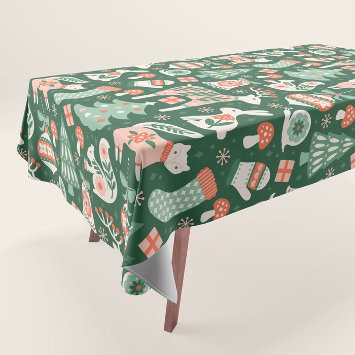 Festive Folk Art Forest Animals - Green and Red Tablecloth Gallery Image 1