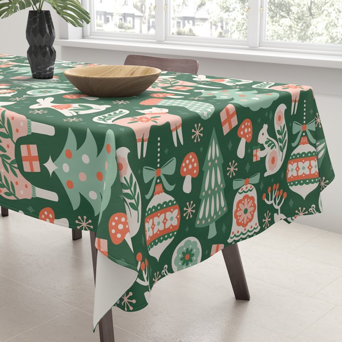 Festive Folk Art Forest Animals - Green and Red Tablecloth Gallery Image 3