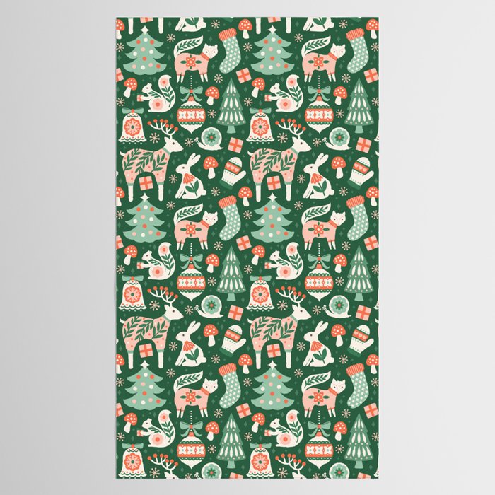 Festive Folk Art Forest Animals - Green and Red Tablecloth Gallery Image 2