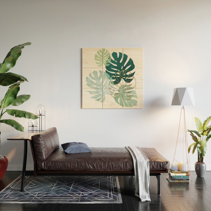 Tropical minimal / green, turquoise and gold monstera Wood Wall Art Gallery Image 2