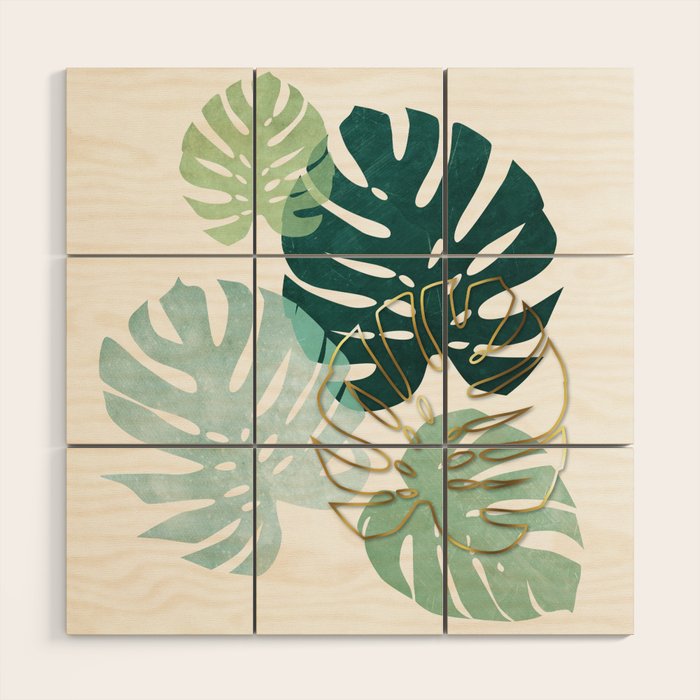 Tropical minimal / green, turquoise and gold monstera Wood Wall Art Gallery Image 1