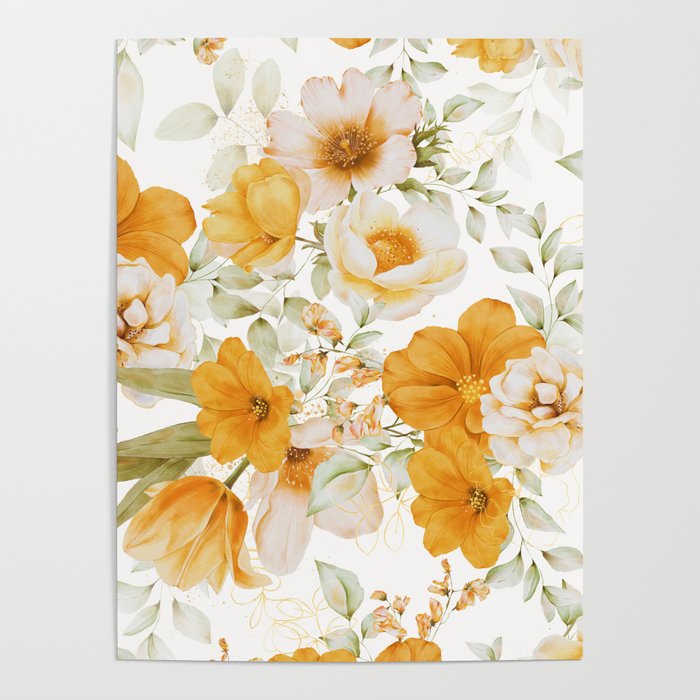 Yellow Florals with Painted Speckles on White Poster Gallery Image 1