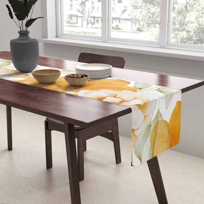 Yellow Florals with Painted Speckles on White Table Runner Gallery Image 2