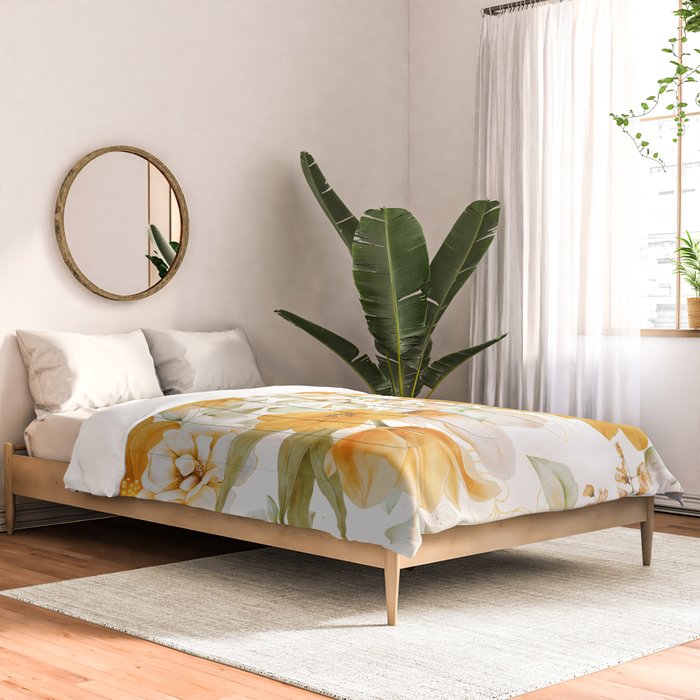 Yellow Florals with Painted Speckles on White Comforter Gallery Image 2