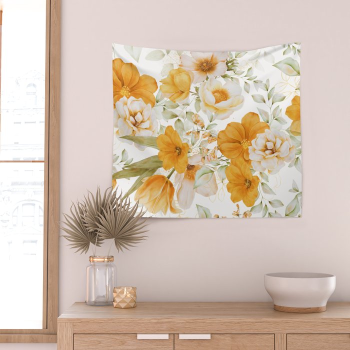 Yellow Florals with Painted Speckles on White Wall Tapestry Gallery Image 2