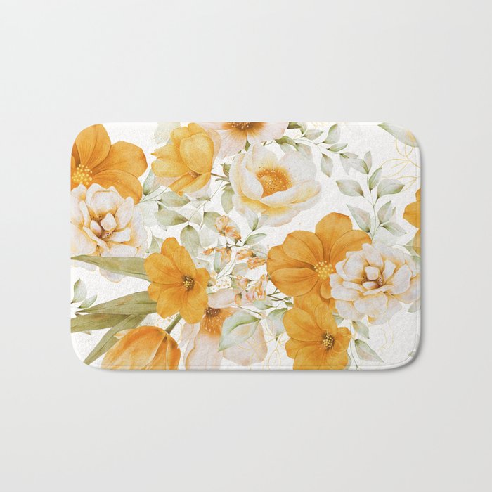 Yellow Florals with Painted Speckles on White Bath Mat Gallery Image 1