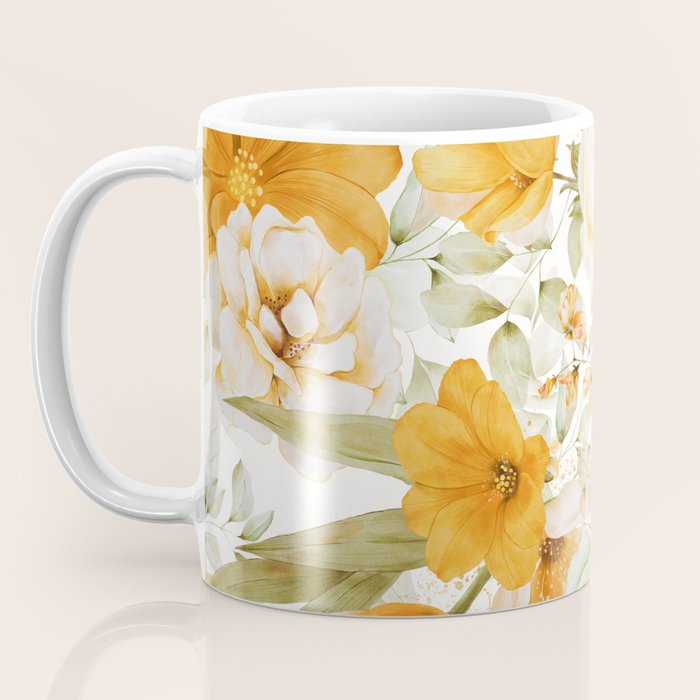Yellow Florals with Painted Speckles on White Coffee Mug Gallery Image 3