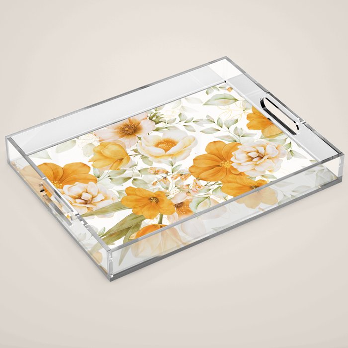 Yellow Florals with Painted Speckles on White Acrylic Tray Gallery Image 1