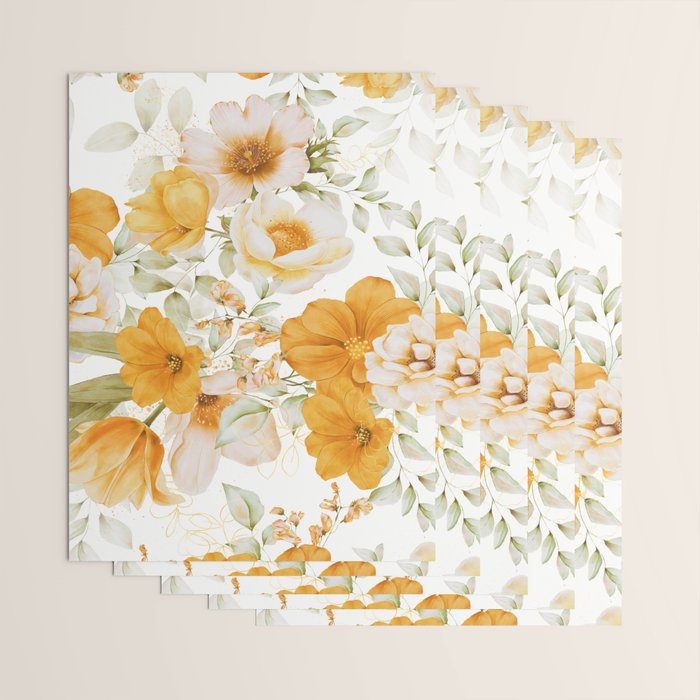Yellow Florals with Painted Speckles on White Wrapping Paper Gallery Image 3