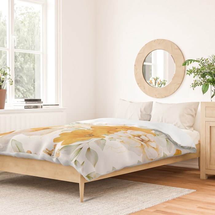 Yellow Florals with Painted Speckles on White Duvet Cover Gallery Image 2