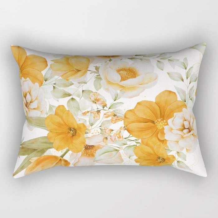 Yellow Florals with Painted Speckles on White Rectangular Pillow Gallery Image 1