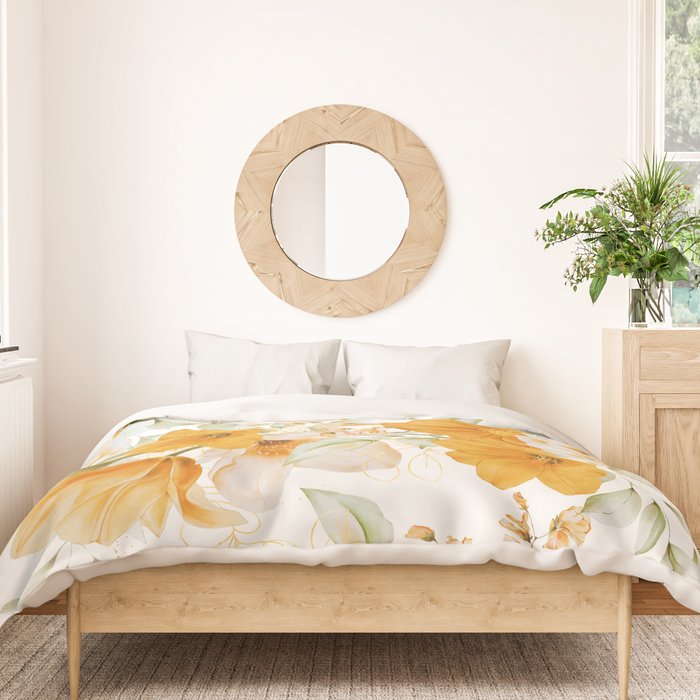 Yellow Florals with Painted Speckles on White Duvet Cover Gallery Image 3