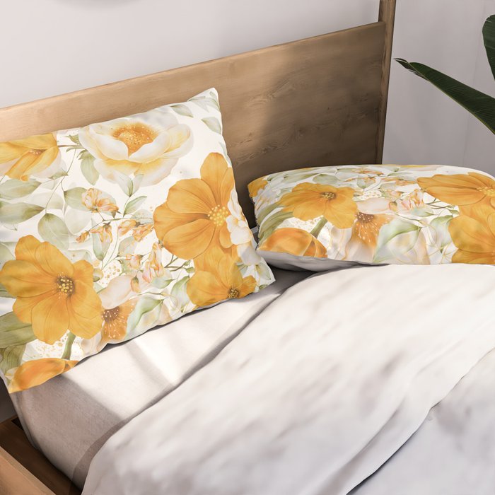 Yellow Florals with Painted Speckles on White Pillow Sham Gallery Image 2