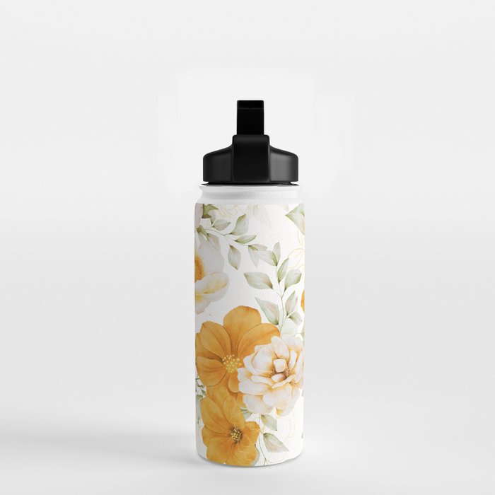 Yellow Florals with Painted Speckles on White Water Bottle Gallery Image 2