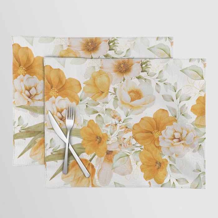 Yellow Florals with Painted Speckles on White Placemat Gallery Image 1
