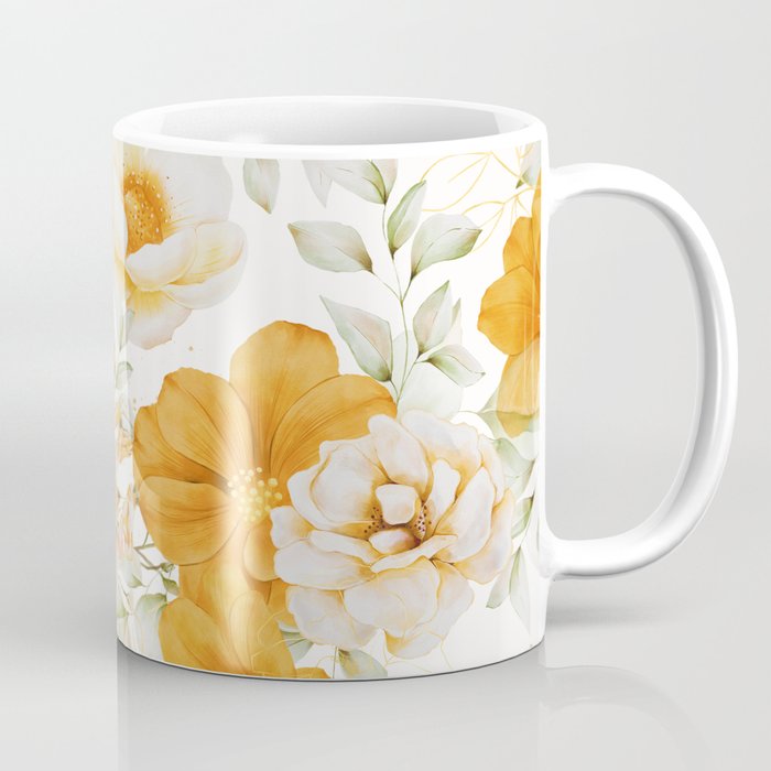 Yellow Florals with Painted Speckles on White Coffee Mug Gallery Image 1