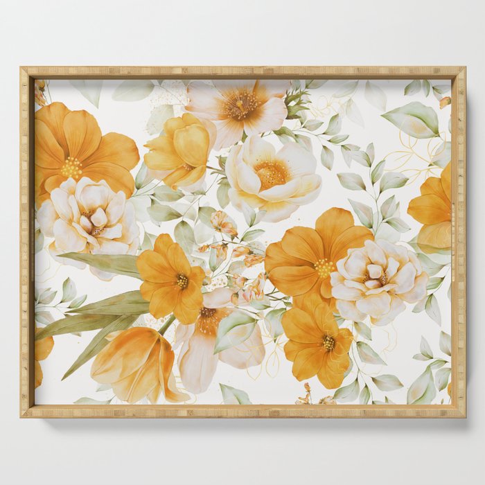 Yellow Florals with Painted Speckles on White Serving Tray Gallery Image 1
