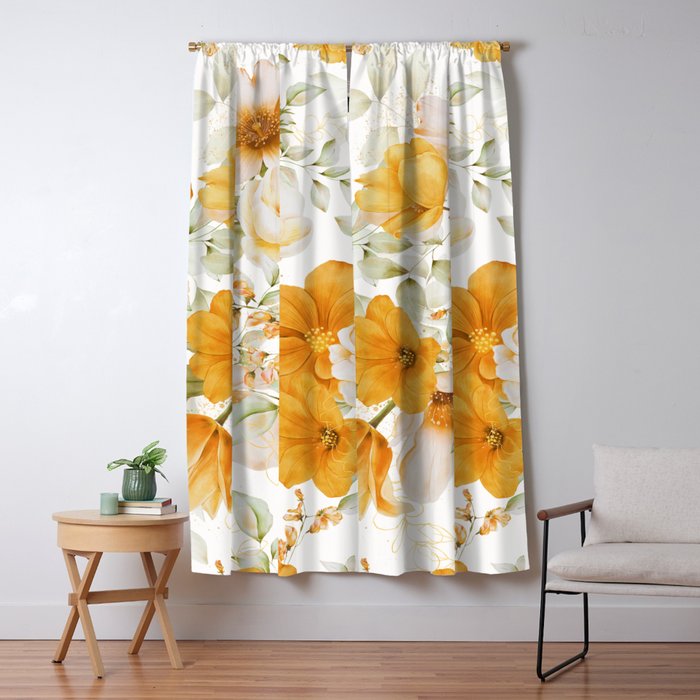 Yellow Florals with Painted Speckles on White Window Curtain Gallery Image 5