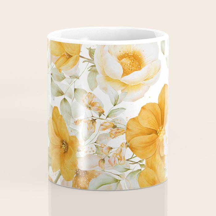 Yellow Florals with Painted Speckles on White Coffee Mug Gallery Image 4