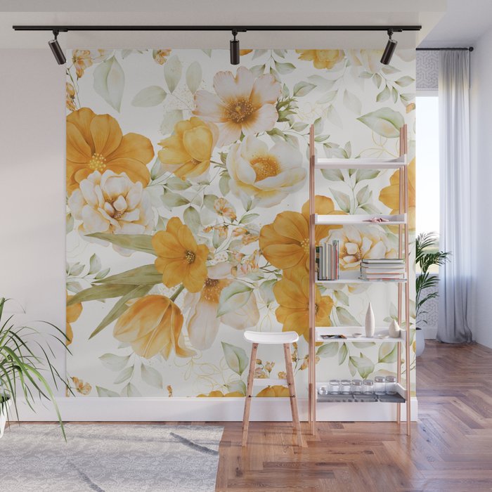 Yellow Florals with Painted Speckles on White Wall Mural Gallery Image 1