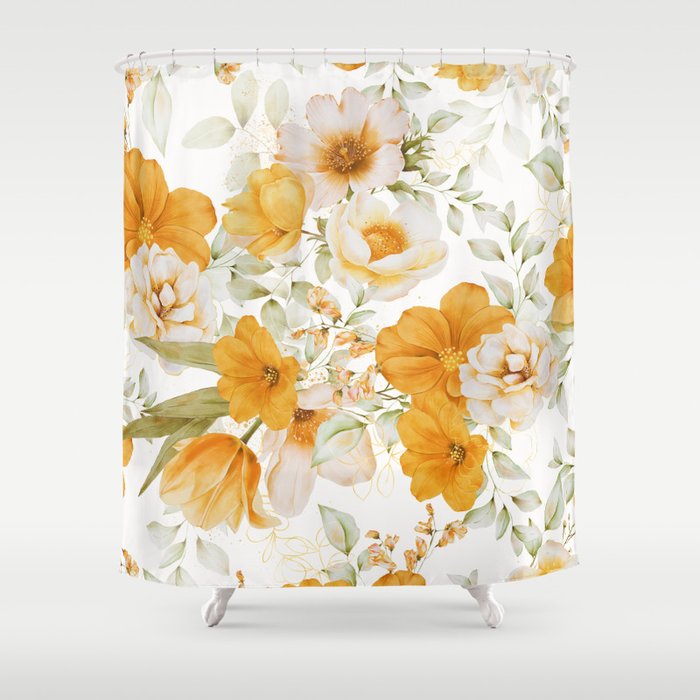 Yellow Florals with Painted Speckles on White Shower Curtain Gallery Image 1