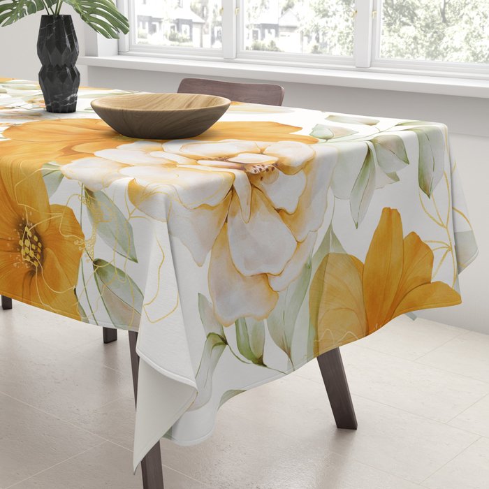 Yellow Florals with Painted Speckles on White Tablecloth Gallery Image 3