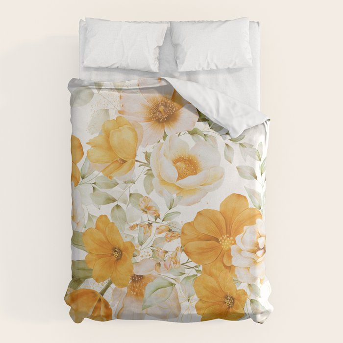 Yellow Florals with Painted Speckles on White Duvet Cover Gallery Image 1