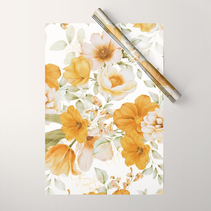 Yellow Florals with Painted Speckles on White Wrapping Paper Gallery Image 1