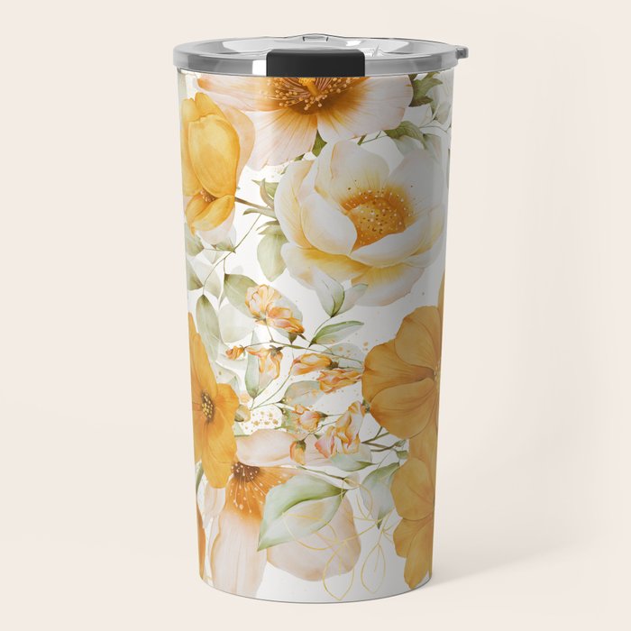 Yellow Florals with Painted Speckles on White Travel Mug Gallery Image 1