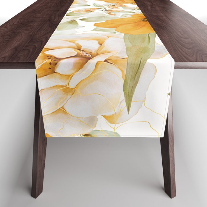 Yellow Florals with Painted Speckles on White Table Runner Gallery Image 1