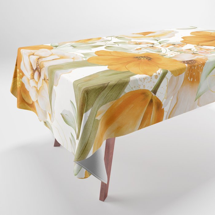 Yellow Florals with Painted Speckles on White Tablecloth Gallery Image 1