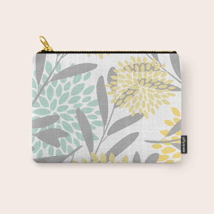 Floral Prints, Leaves and Blooms, Gray, Yellow and Aqua Carry All Pouch Gallery Image 1