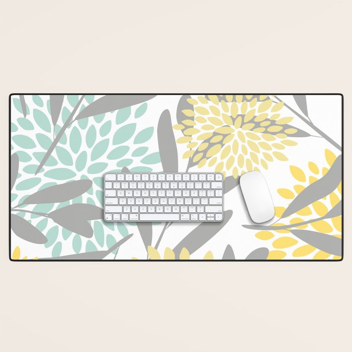 Floral Prints, Leaves and Blooms, Gray, Yellow and Aqua Desk Mat Gallery Image 1